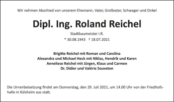 Traueranzeige von Roland Reichel von Fränkische Nachrichten