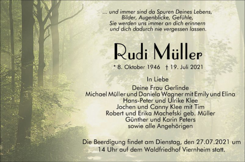  Traueranzeige für Rudi Müller vom 24.07.2021 aus Mannheimer Morgen