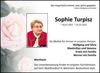 Traueranzeige von Sophie Turpisz von Fränkische Nachrichten