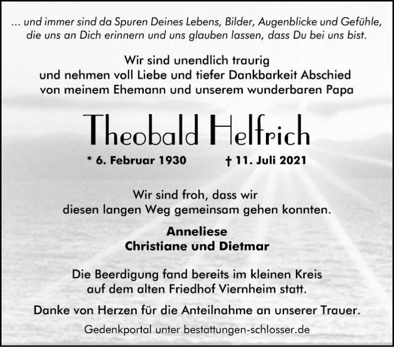  Traueranzeige für Theobald Helfrich vom 17.07.2021 aus Südhessen Morgen