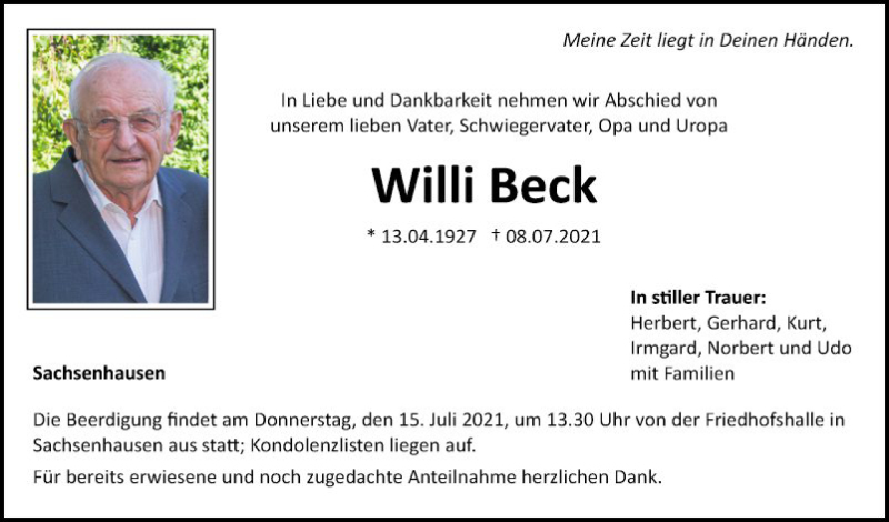 Traueranzeige für Willi Beck vom 13.07.2021 aus Fränkische Nachrichten