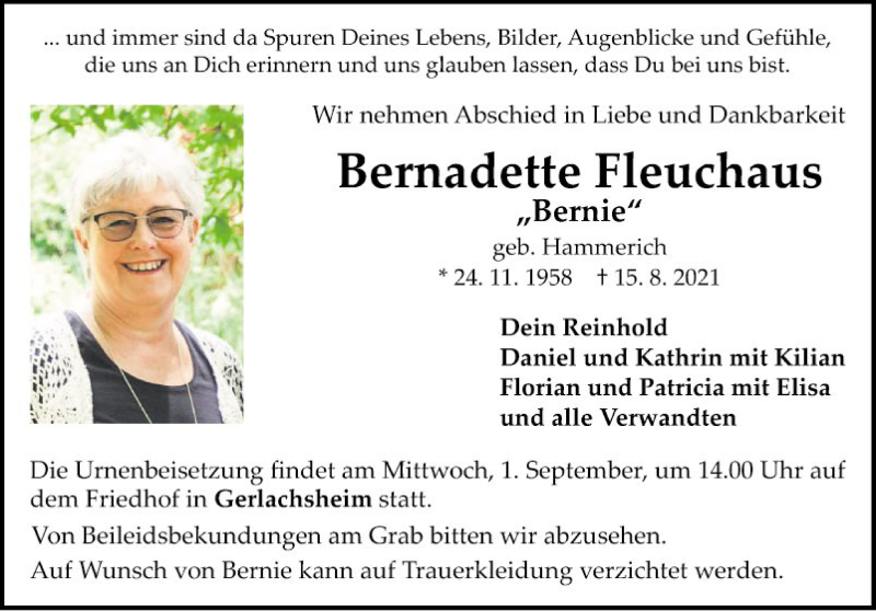  Traueranzeige für Bernadette Fleuchaus vom 23.08.2021 aus Fränkische Nachrichten