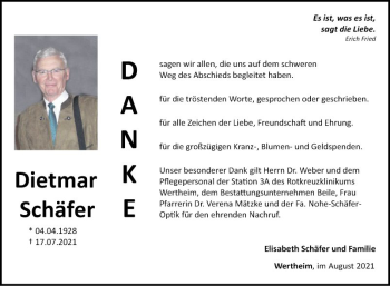 Traueranzeige von Dietmar Schäfer von Fränkische Nachrichten