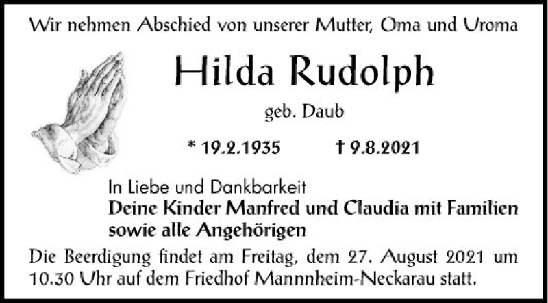  Traueranzeige für Hilda Rudolph vom 24.08.2021 aus Mannheimer Morgen