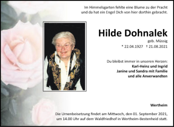 Traueranzeige von Hilde Dohnalek von Fränkische Nachrichten