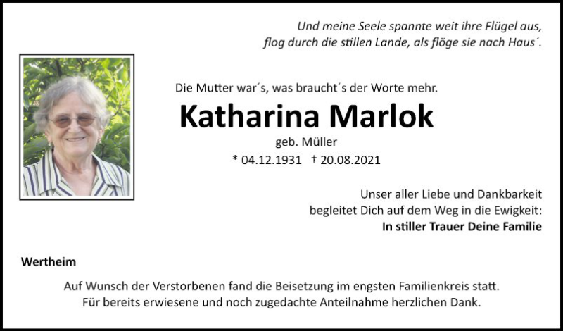  Traueranzeige für Katharina Marlok vom 01.09.2021 aus Fränkische Nachrichten