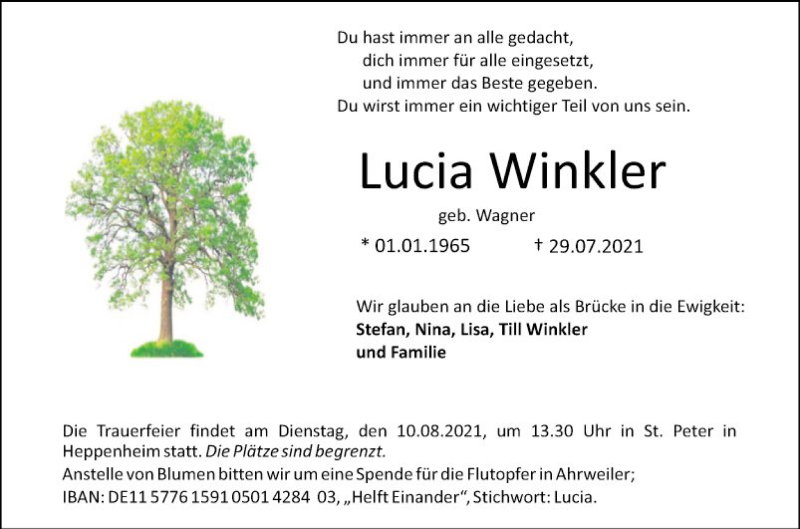  Traueranzeige für Lucia Winkler vom 07.08.2021 aus Bergsträßer Anzeiger