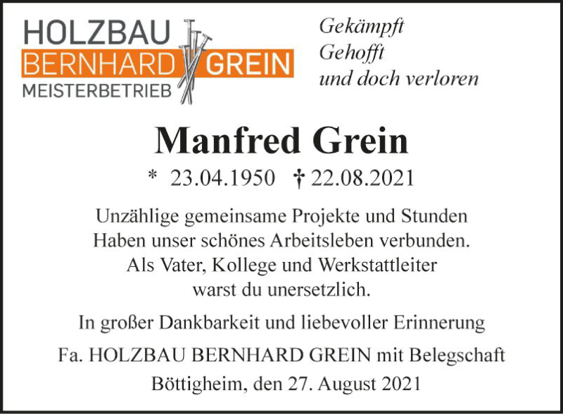  Traueranzeige für Manfred Grein vom 27.08.2021 aus Fränkische Nachrichten