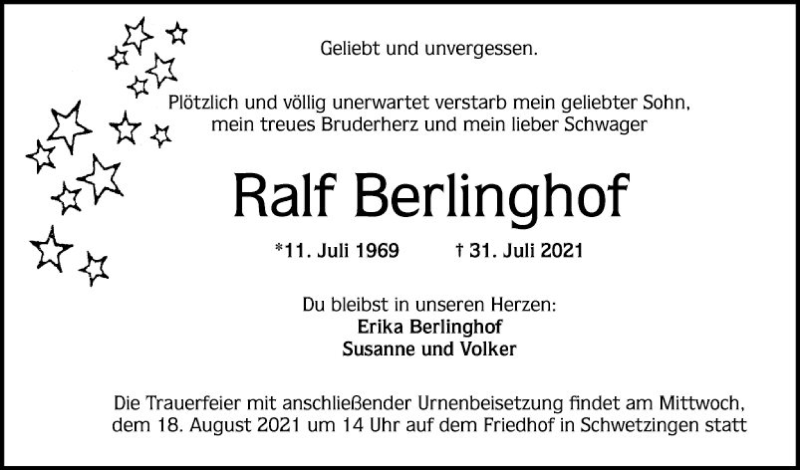  Traueranzeige für Ralf Berlinghof vom 14.08.2021 aus Schwetzinger Zeitung