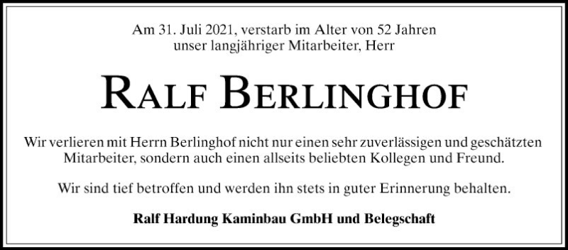  Traueranzeige für Ralf Berlinghof vom 21.08.2021 aus Schwetzinger Zeitung