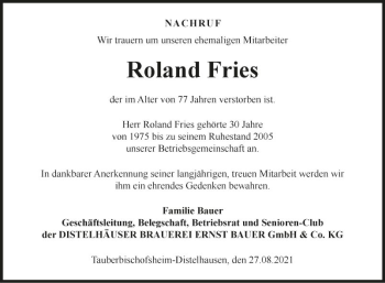 Traueranzeige von Roland Fries von Fränkische Nachrichten