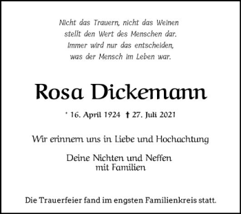 Traueranzeige von Rosa Dickemann von Mannheimer Morgen