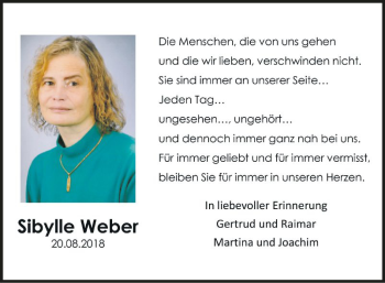 Traueranzeige von Sibylle Weber von Fränkische Nachrichten