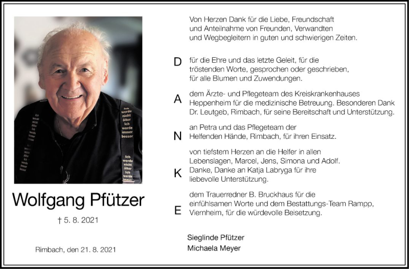  Traueranzeige für Wolfgang Pfützer vom 21.08.2021 aus Mannheimer Morgen