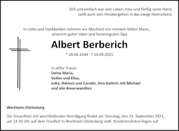 Traueranzeige von Albert Berberich von Fränkische Nachrichten