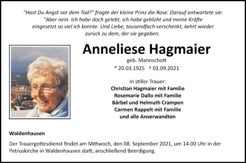  Traueranzeige für Anneliese Hagmaier vom 04.09.2021 aus Fränkische Nachrichten