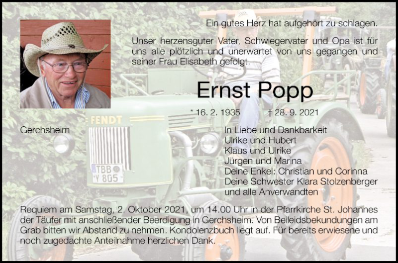  Traueranzeige für Ernst Popp vom 30.09.2021 aus Fränkische Nachrichten