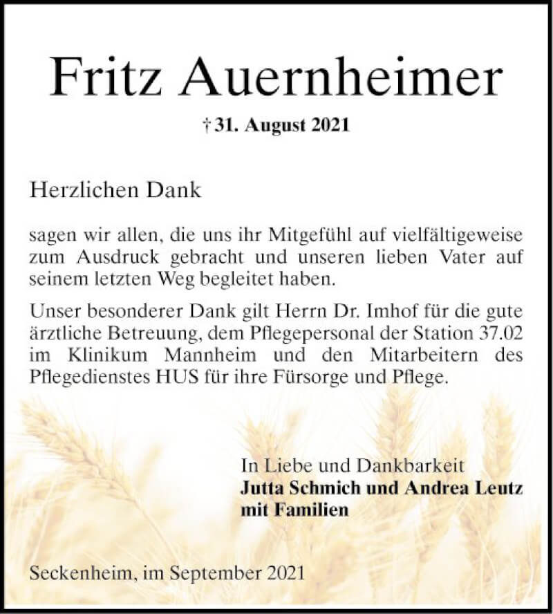  Traueranzeige für Fritz Auernheimer vom 18.09.2021 aus Mannheimer Morgen
