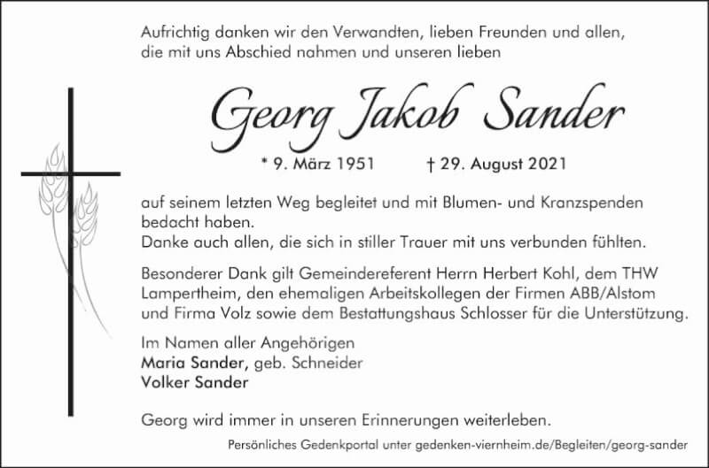  Traueranzeige für Georg Jakob Sander vom 25.09.2021 aus Südhessen Morgen