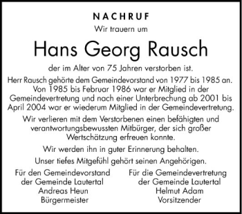 Traueranzeige von Hans Georg Rausch von Bergsträßer Anzeiger