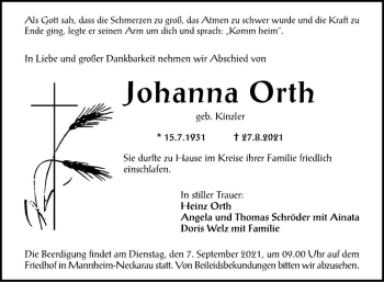 Traueranzeige von Johanna Orth von Mannheimer Morgen