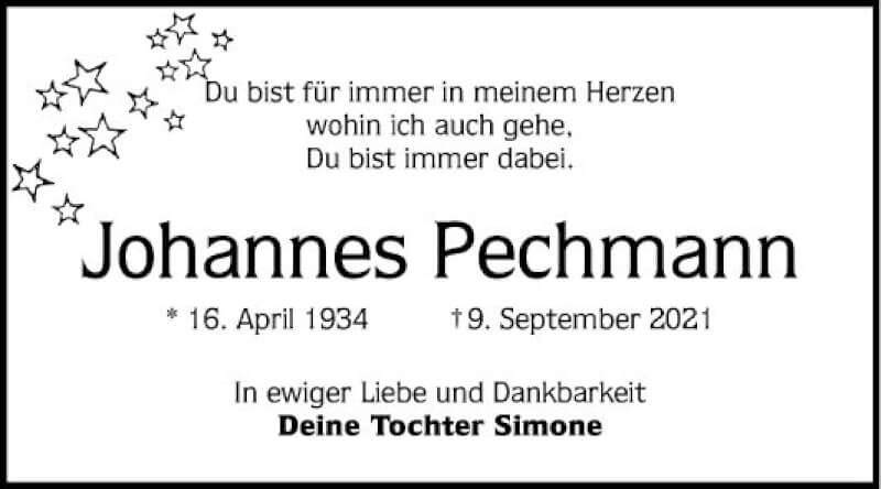  Traueranzeige für Johannes Pechmann vom 18.09.2021 aus Mannheimer Morgen