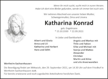 Traueranzeige von Katharina Konrad von Fränkische Nachrichten