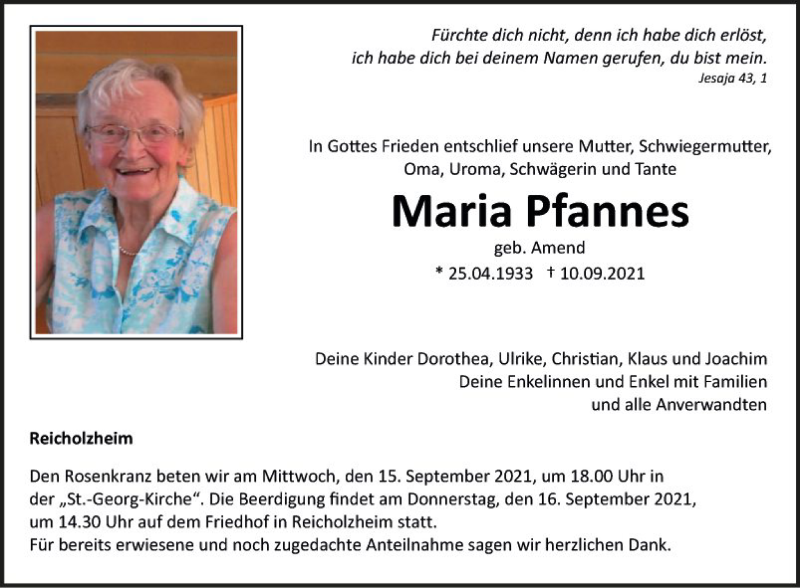 Traueranzeige für Maria Pfannes vom 14.09.2021 aus Fränkische Nachrichten