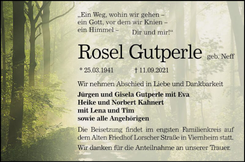  Traueranzeige für Rosel Gutperle vom 18.09.2021 aus Mannheimer Morgen