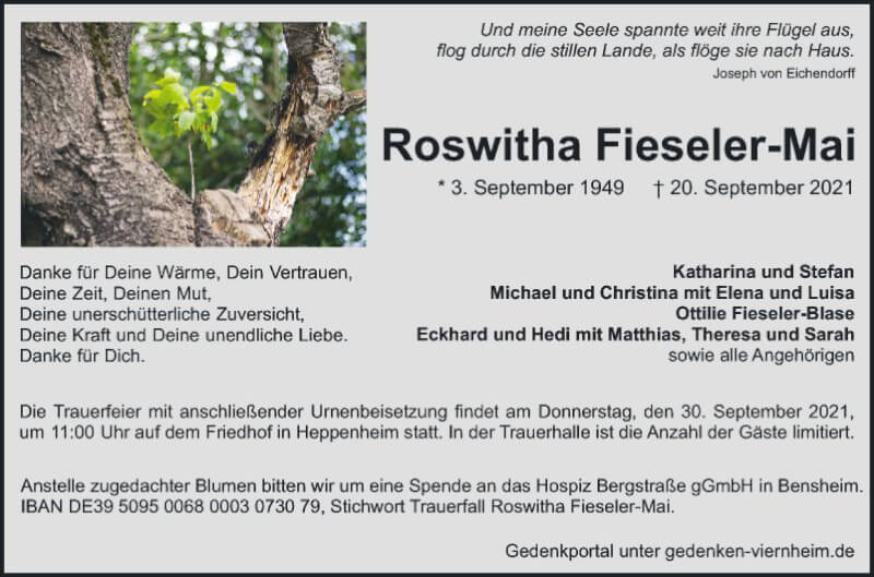  Traueranzeige für Roswitha Fieseler-Mai vom 25.09.2021 aus Bergsträßer Anzeiger