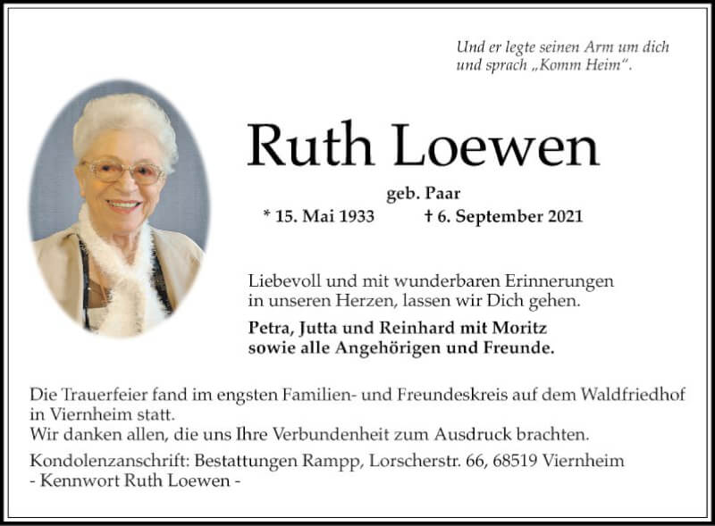  Traueranzeige für Ruth Loewen vom 18.09.2021 aus Mannheimer Morgen