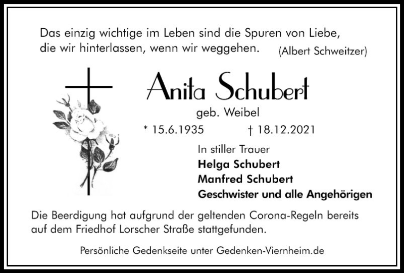  Traueranzeige für Anita Schubert vom 05.01.2022 aus Südhessen Morgen