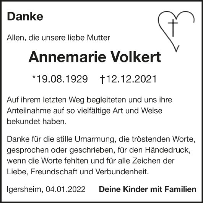  Traueranzeige für Annemarie Volkert vom 07.01.2022 aus Fränkische Nachrichten
