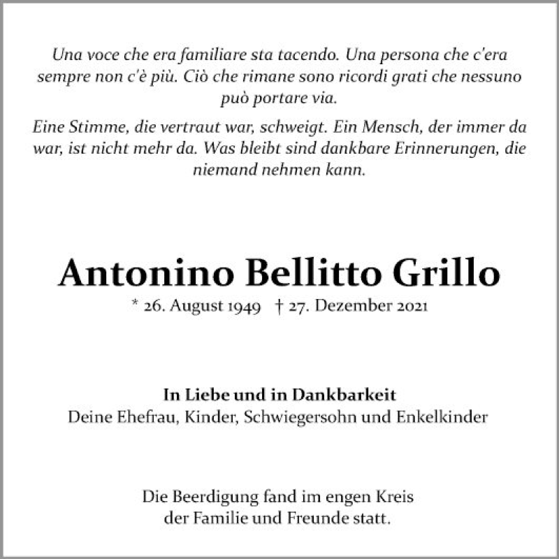  Traueranzeige für Antonino Bellitto Grillo vom 08.01.2022 aus Mannheimer Morgen