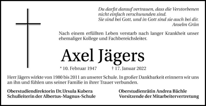  Traueranzeige für Axel Jägers vom 22.01.2022 aus Mannheimer Morgen