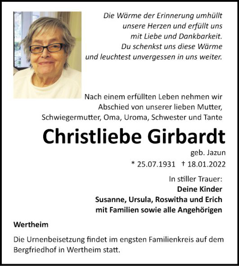  Traueranzeige für Christliebe Girbardt vom 27.01.2022 aus Fränkische Nachrichten