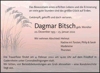 Traueranzeige von Dagmar Bitsch von Bergsträßer Anzeiger