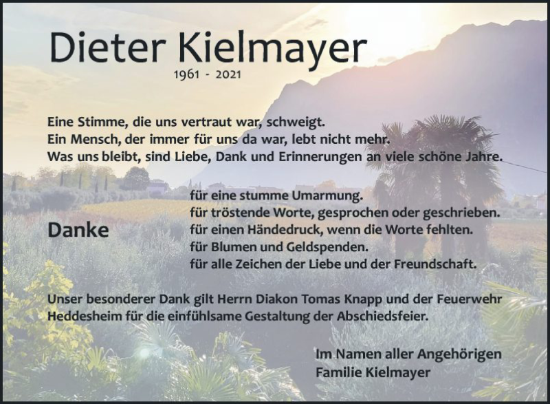  Traueranzeige für Dieter Kielmayer vom 15.01.2022 aus Mannheimer Morgen