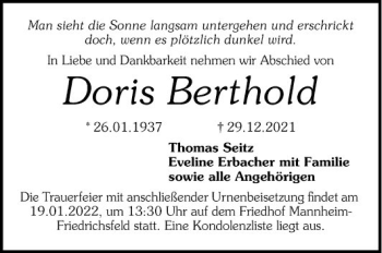 Traueranzeige von Doris Berthold von Mannheimer Morgen