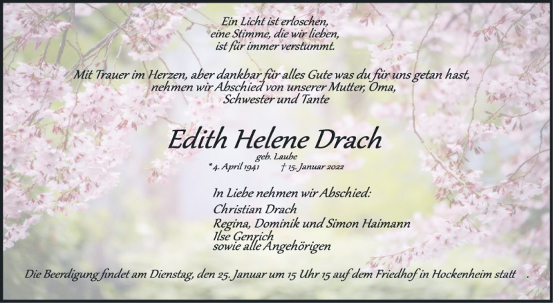  Traueranzeige für Edith Helene Drach vom 22.01.2022 aus Schwetzinger Zeitung