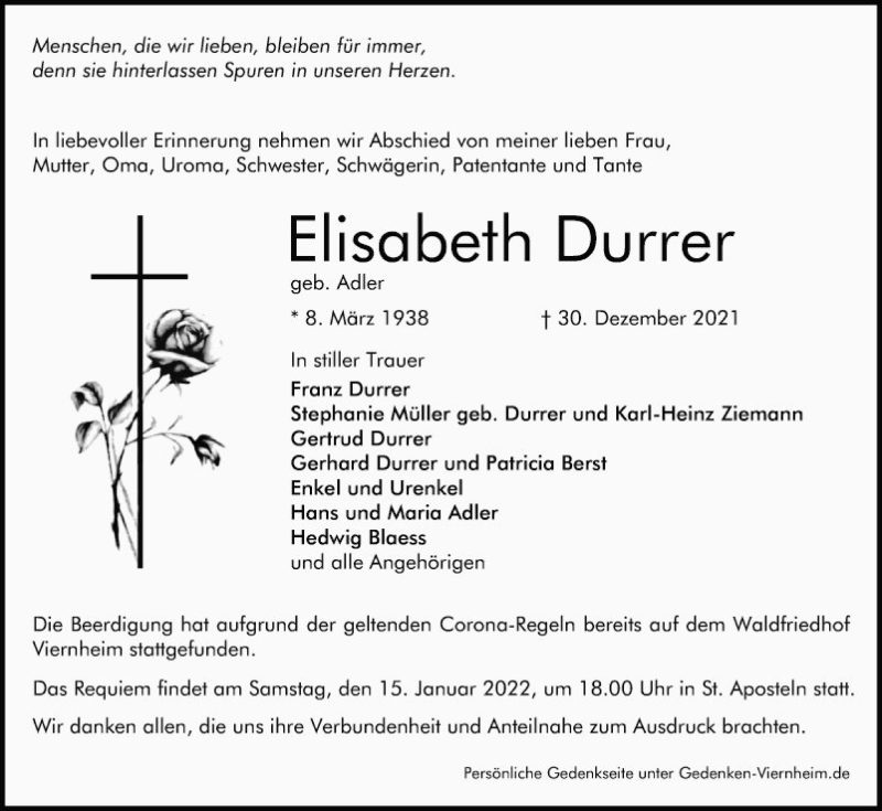  Traueranzeige für Elisabeth Durrer vom 12.01.2022 aus Südhessen Morgen