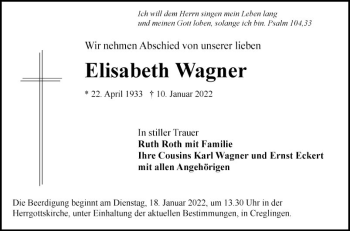 Traueranzeige von Elisabeth Wagner von Fränkische Nachrichten