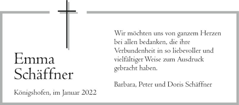  Traueranzeige für Emma Schäffner vom 29.01.2022 aus Fränkische Nachrichten