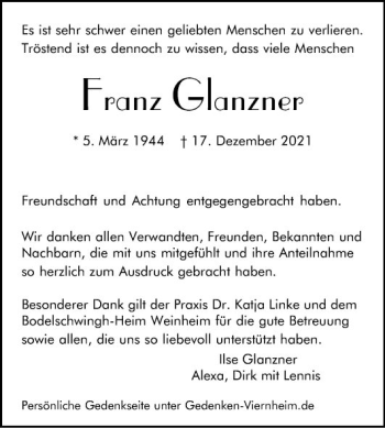 Traueranzeige von Franz Glanzner von Südhessen Morgen