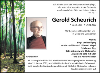 Traueranzeige von Gerold Scheurich von Fränkische Nachrichten