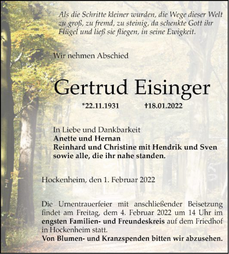  Traueranzeige für Gertrud Eisinger vom 01.02.2022 aus Schwetzinger Zeitung