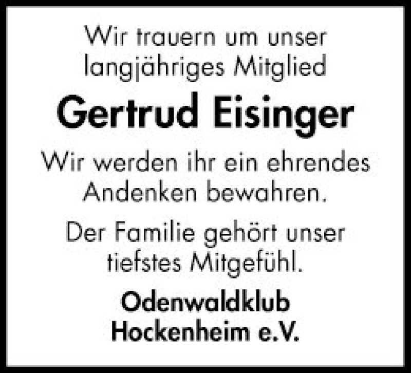  Traueranzeige für Gertrud Eisinger vom 01.02.2022 aus Schwetzinger Zeitung