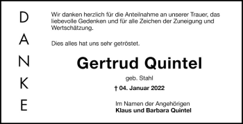 Traueranzeige von Gertrud Quintel von Mannheimer Morgen