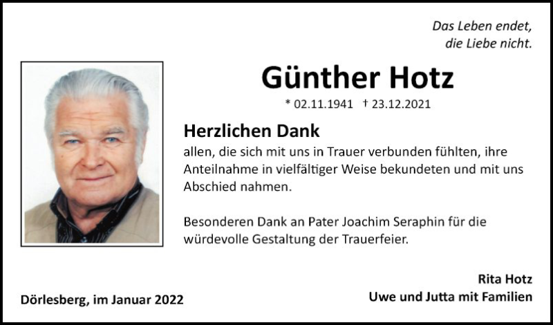  Traueranzeige für Günther Hotz vom 08.01.2022 aus Fränkische Nachrichten
