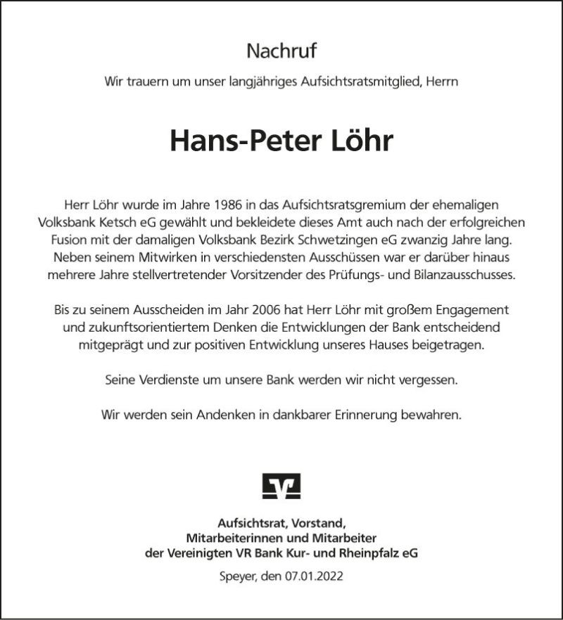  Traueranzeige für Hans-Peter Löhr vom 07.01.2022 aus Schwetzinger Zeitung